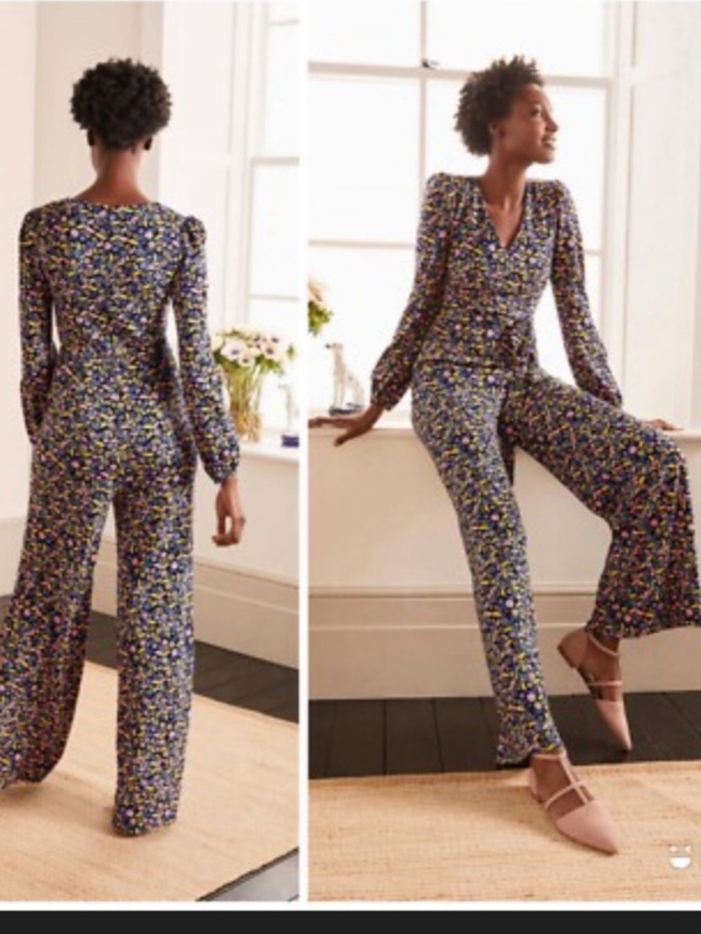 Boden Navy and Floral V-Neck Long-Sleeve Jumpsuit